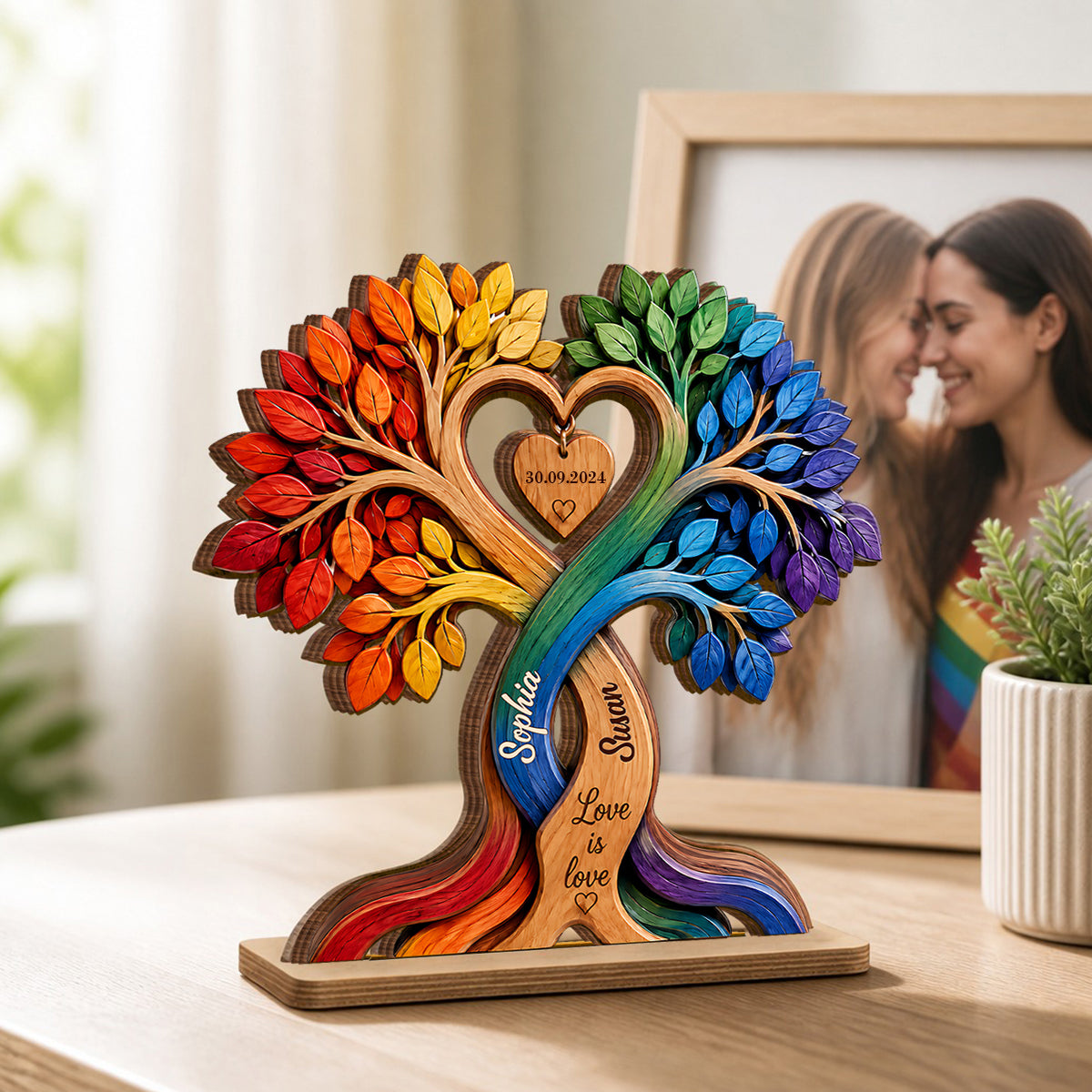 LGBT Couple Heart Tree - Personalized Wooden Plaque - Anniversary Gift for Him, Gift for Her