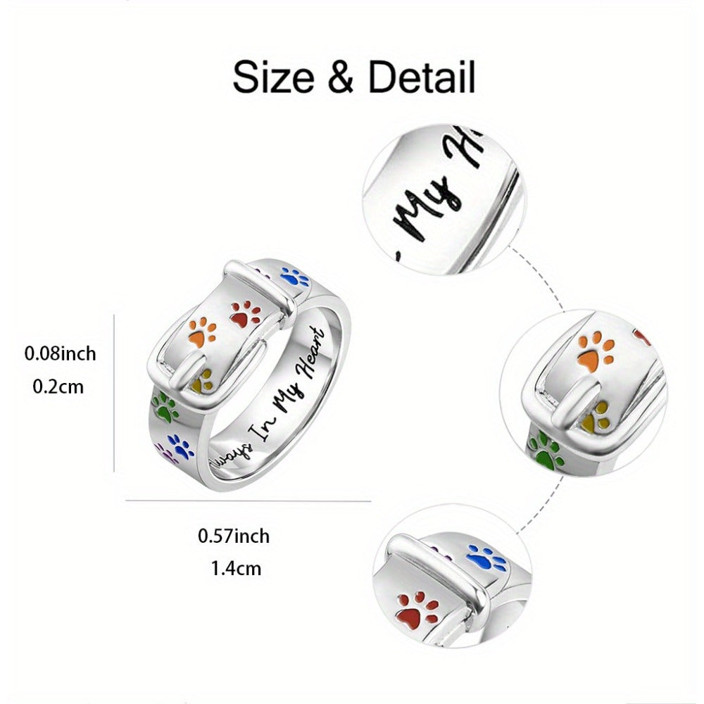 Always In My Heart, Colorful Paw Print Dog Collar-Shaped Ring