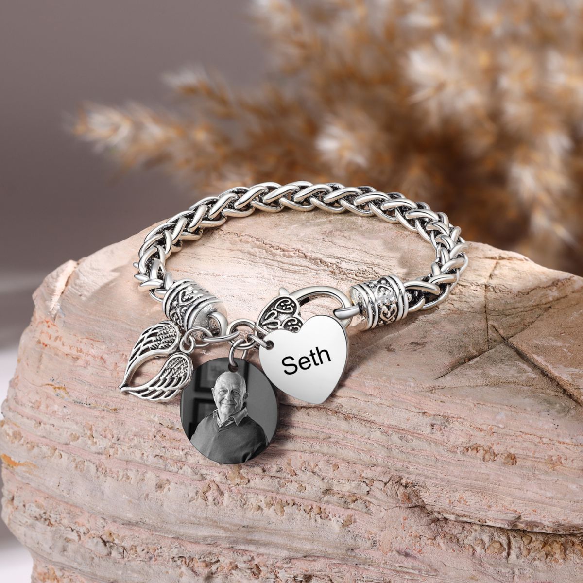 Personalized Memorial Heart Antique Bracelet with photo and engraved name