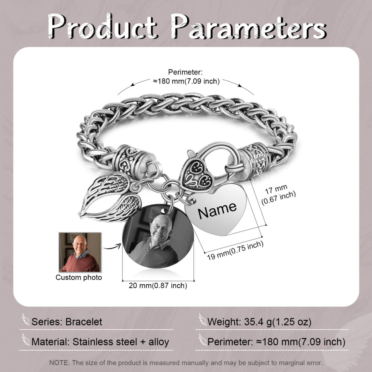 Personalized Memorial Heart Antique Bracelet with photo and engraved name