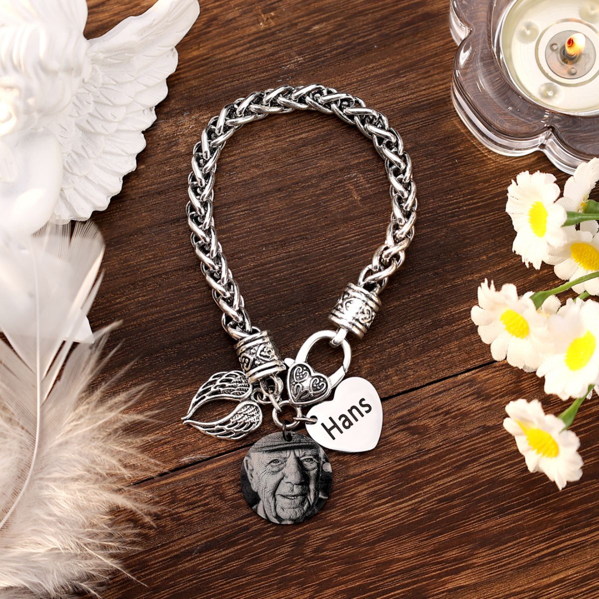 Personalized Memorial Heart Antique Bracelet with photo and engraved name
