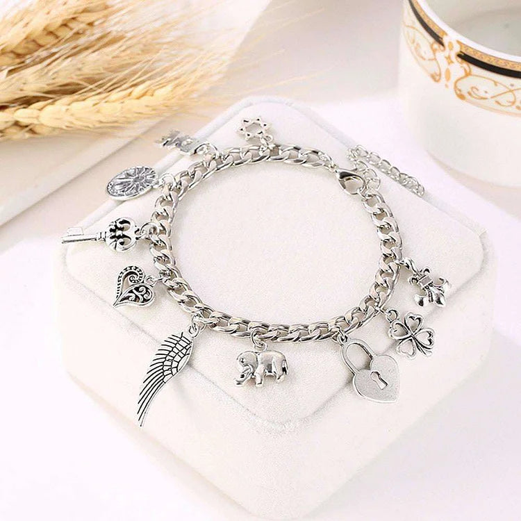 Vintage Engraved Heart Lock Key Wings Charm Ancient Silver Bracelet