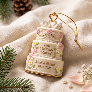 Personalized Wedding Cake First Christmas Married Ornament - Custom Couple Names & Wedding Date Keepsake Christmas Gift