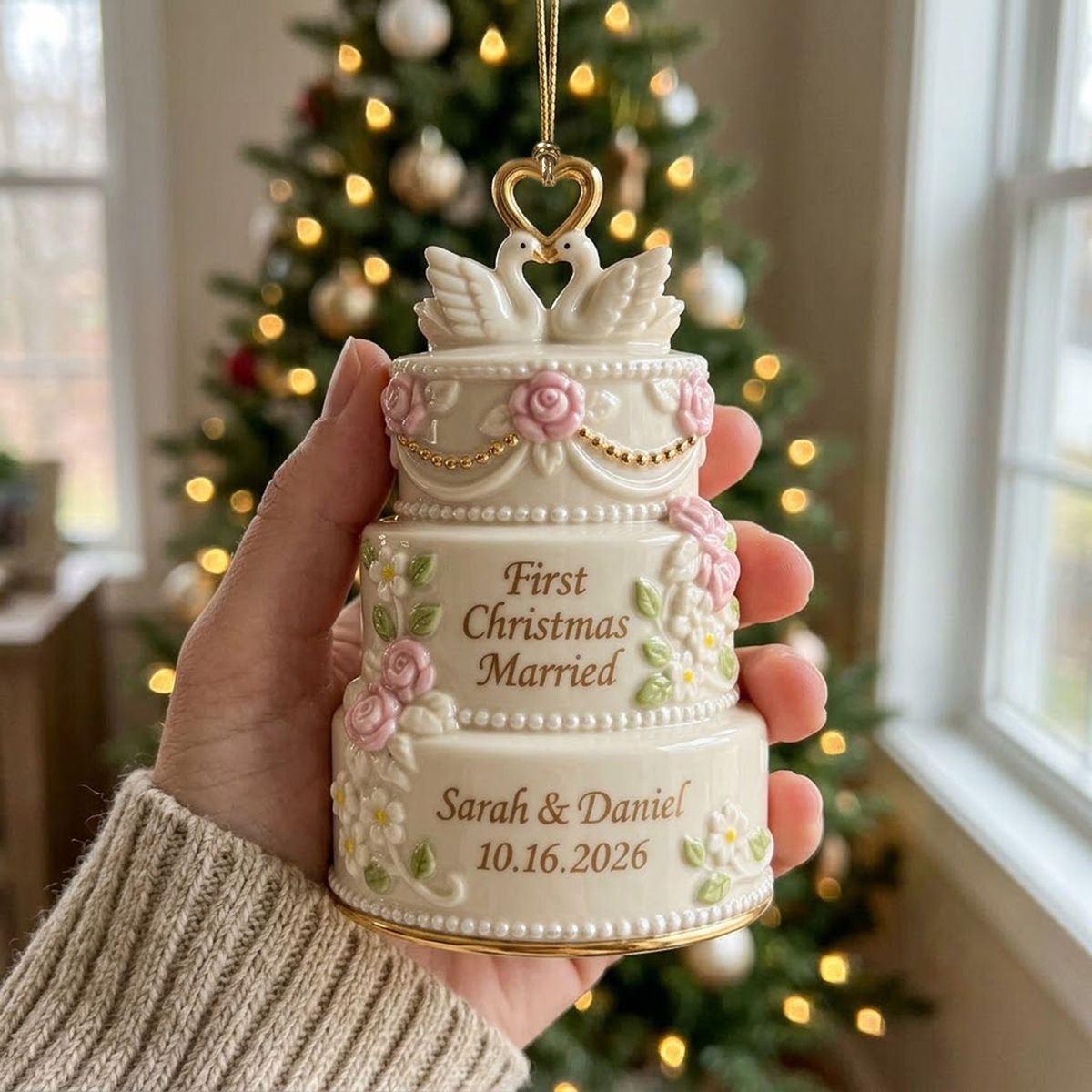Personalized Wedding Cake First Christmas Married Ornament - Custom Couple Names & Wedding Date Keepsake Christmas Gift