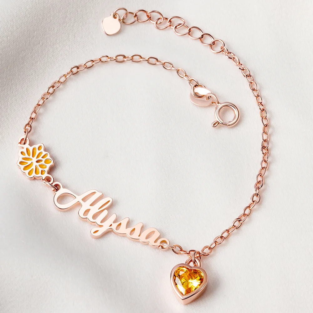 Personalized Heart Birthstone Birth Flower Bracelet with Name