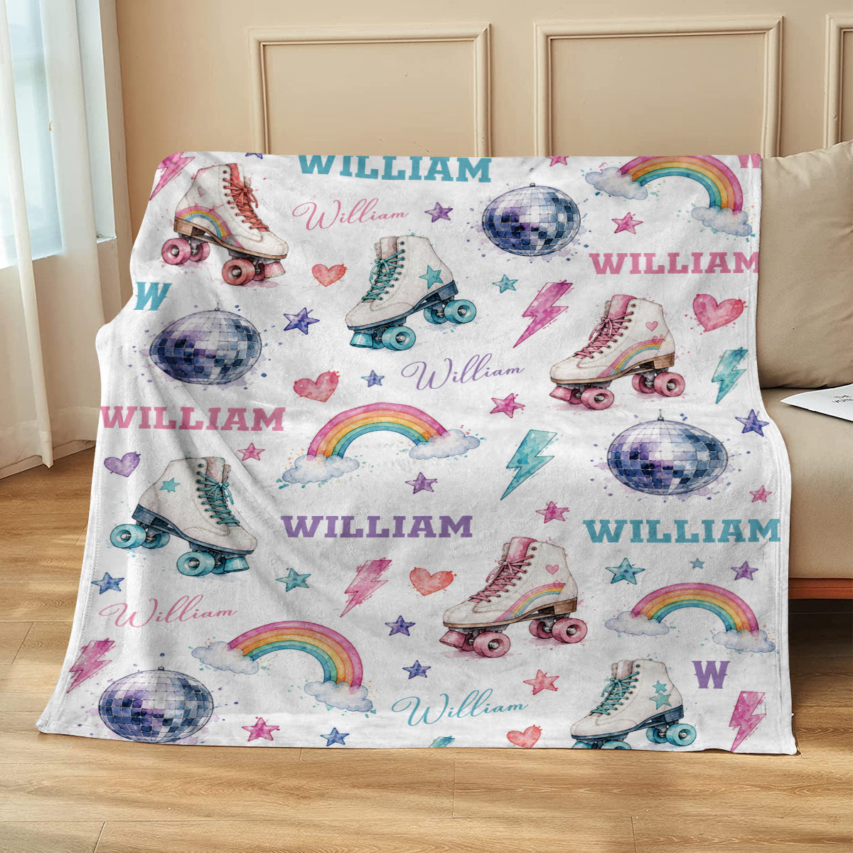 Personalized Roller Skate Blanket, Custom Name Roller Disco Throw Blanket, Retro Rainbow & Disco Ball Kids Blanket, Girl Bedroom Decor, Skate Gift
