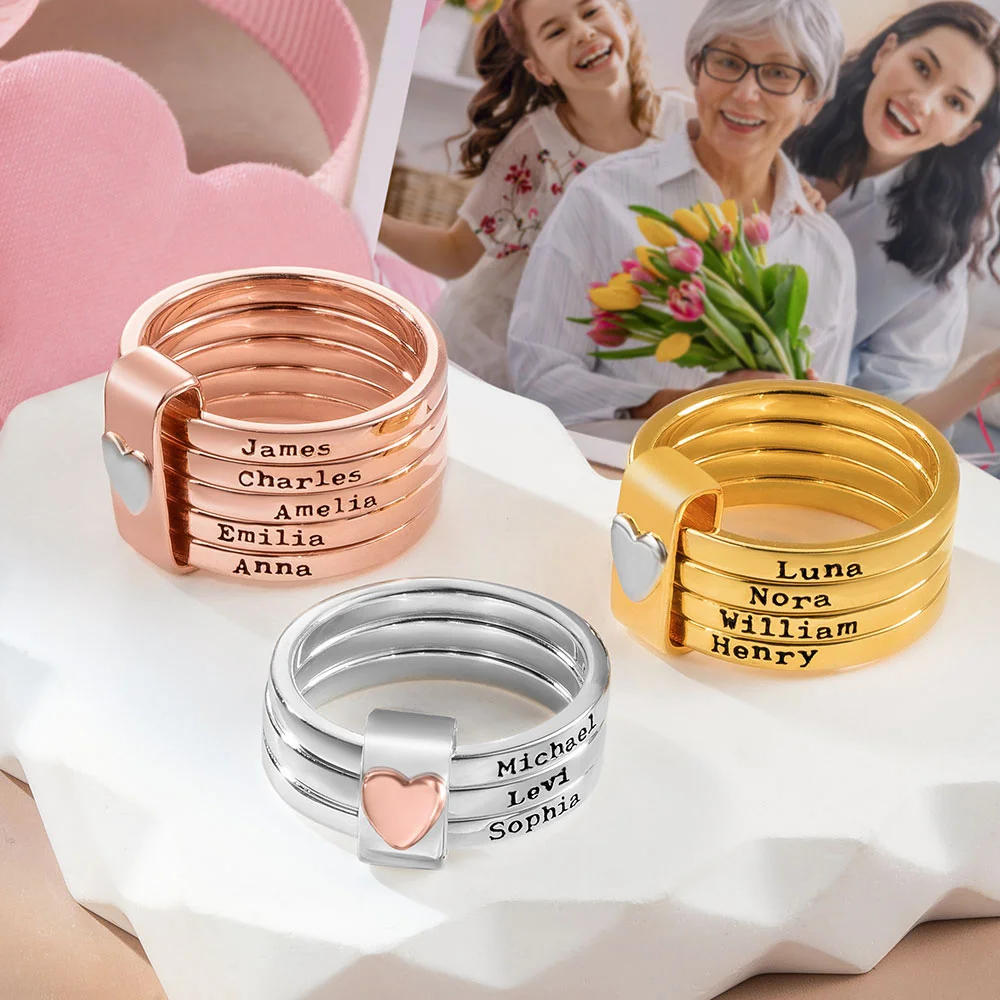 Personalized Heart Women Stacking Rings with Engraved 2-7 Names Family Jewelry Gift for Mom Grandma