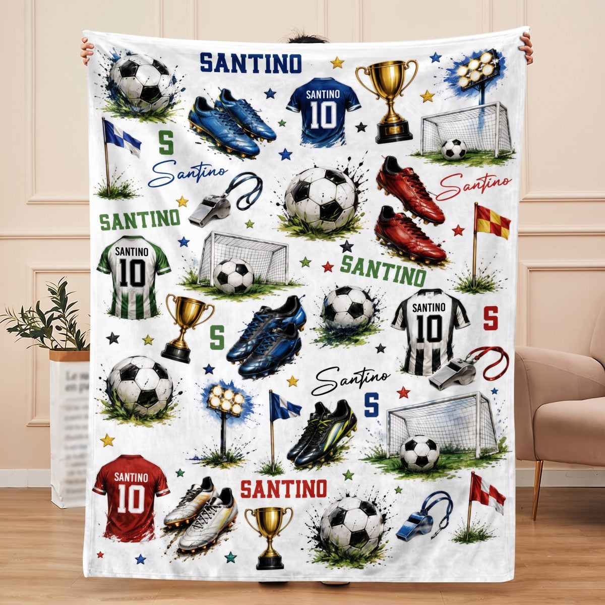 Personalized Soccer Blanket with Name | Custom Name Sports Gift for Boys | Watercolor Soccer Nursery Decor
