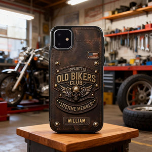 Old Bikers Club Leather Wallet Phone Case, Personalized iPhone Case for Motorcycle Rider