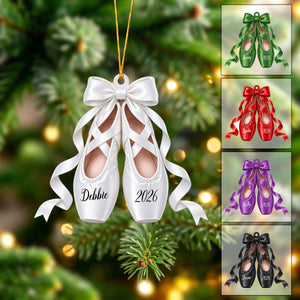 Personalized Ballet Pointe Shoes Christmas Ornament 2026 – Custom Name, Bow & Ribbon Acrylic Keepsake | Ballerina Recital Gift
