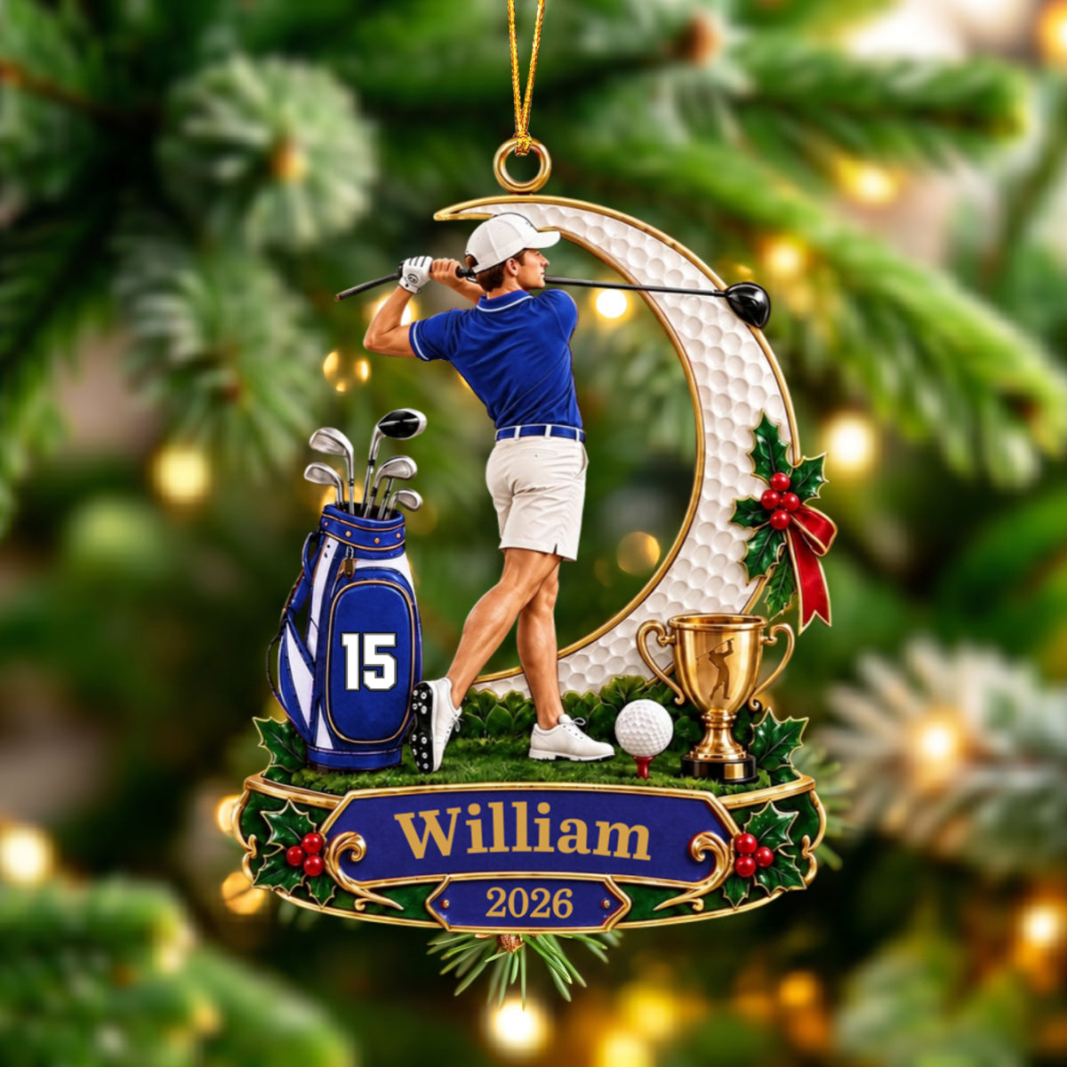 Personalized Male Golfer Christmas Ornament 2026 – Custom Name & Number Acrylic Keepsake | Golf Gift For Him