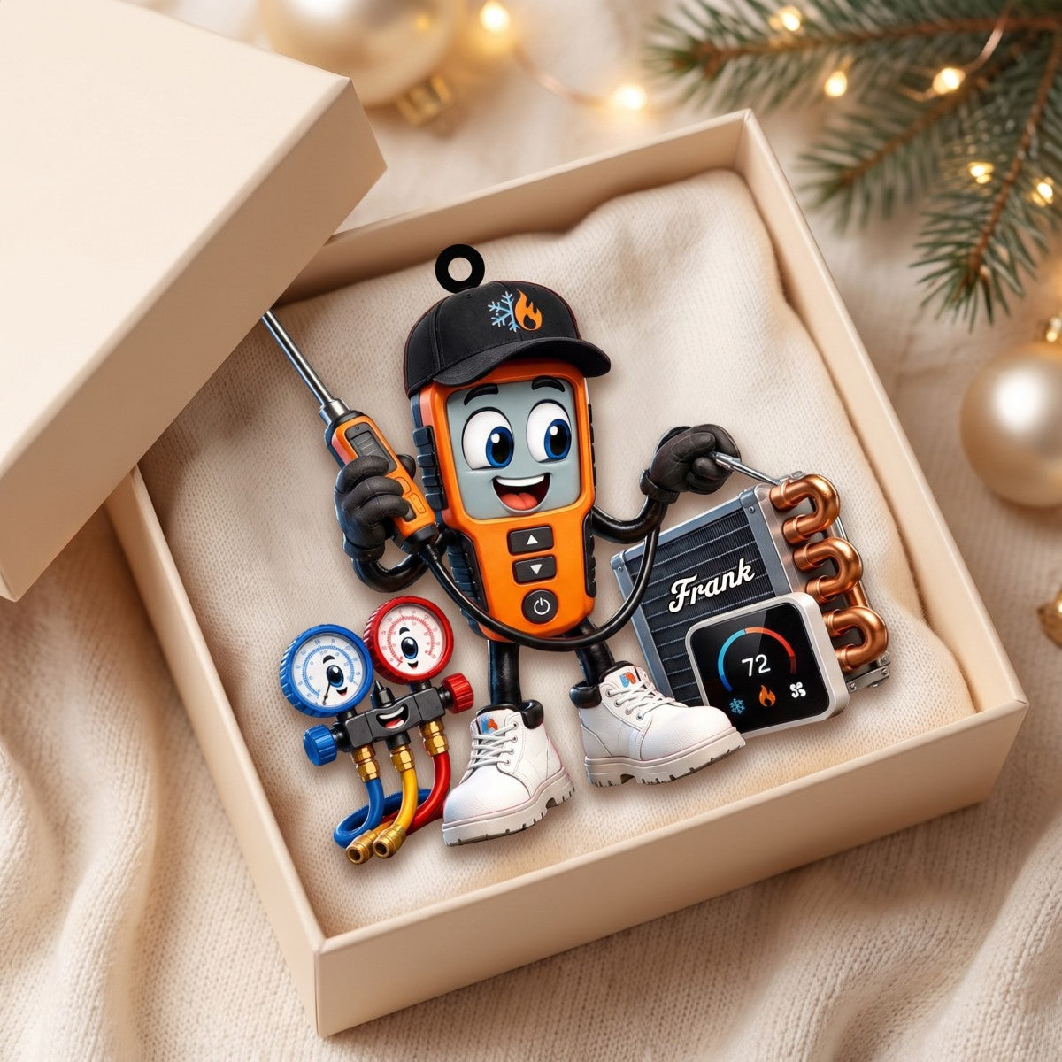 HVAC Digital Meter Mascot Holding Temperature Probe Ornament – Funny Personalized Gift for AC Technicians