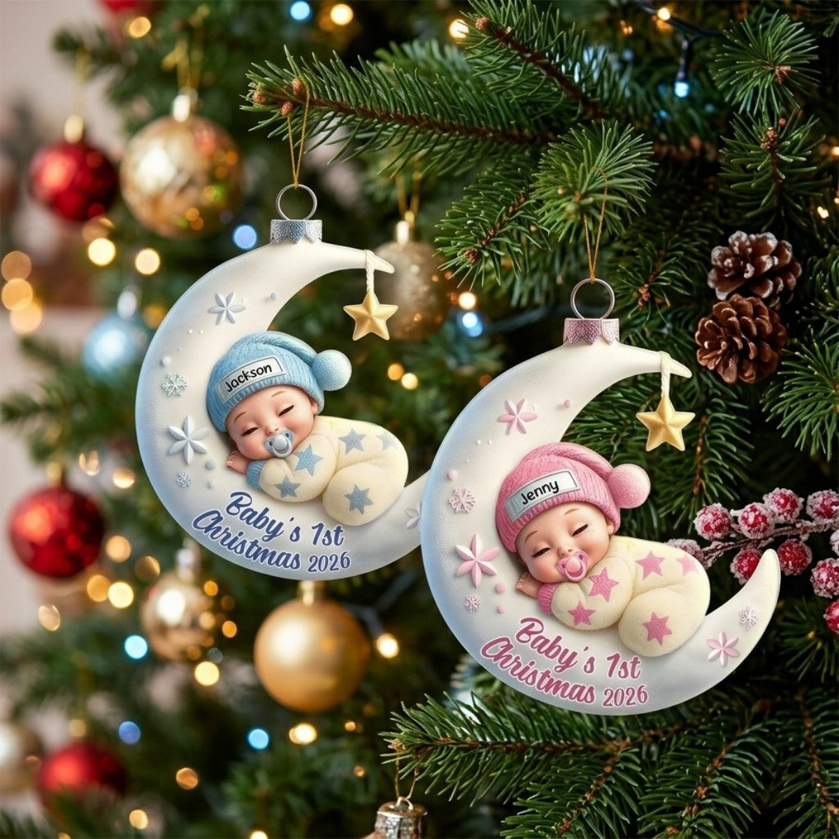 Baby Sleeping On The Moon – Baby's 1st Christmas Personalized Ornament