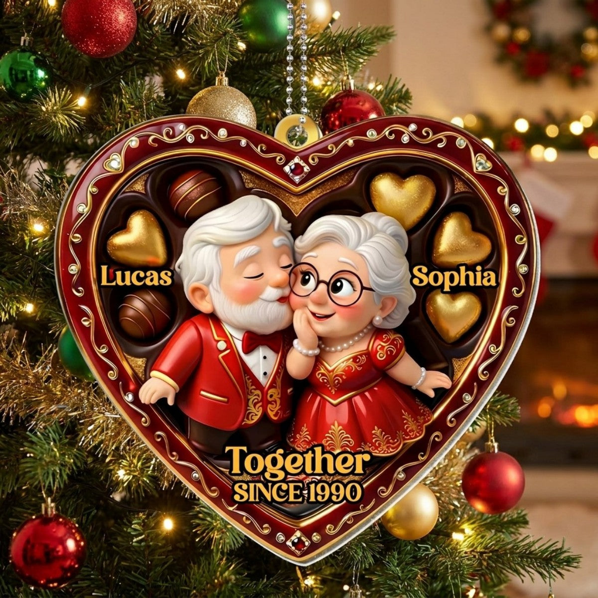 "Together Since [Year]" Heart Ornament With Elderly Couple – Personalized Gift For Grandparents & Couples
