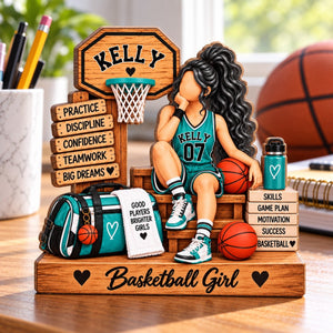 Personalized Basketball Girl Wooden Plaque – Custom Name Player Display | Gift For Daughters, Teammates & Basketball Lovers
