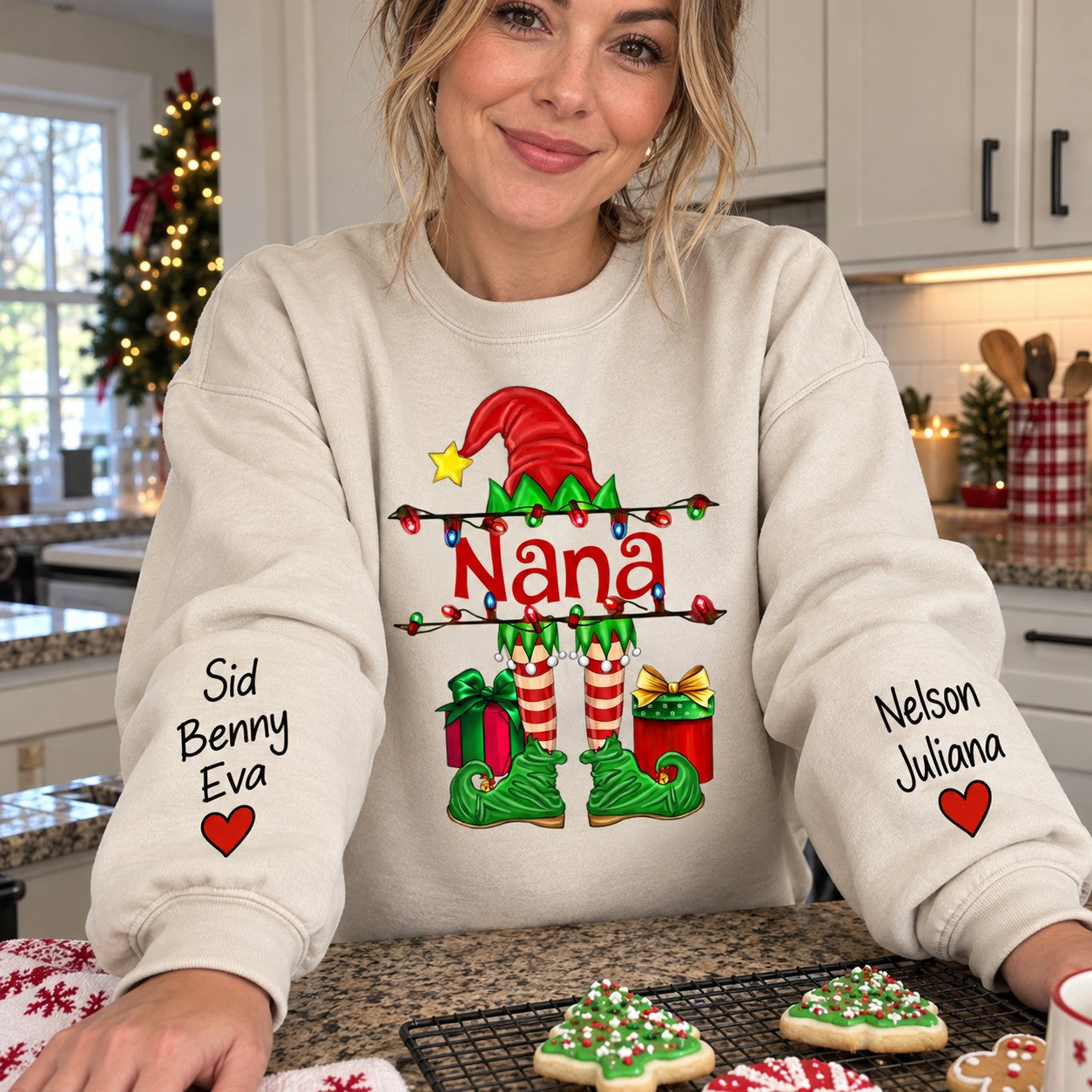 Personalized Grandma/Mom Elf Christmas Light Sweatshirt