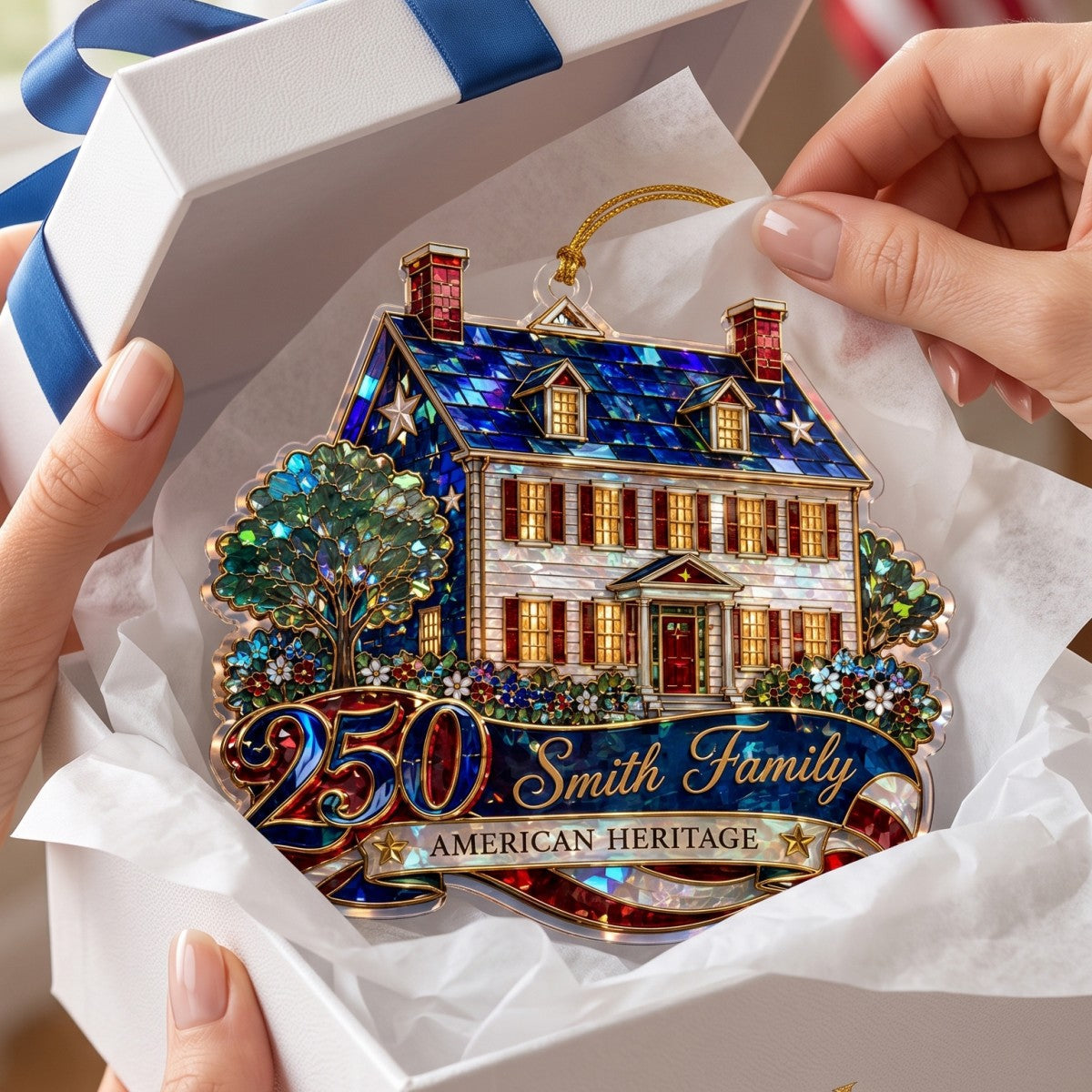 Custom Shape American House Personalized Acrylic Ornament – America 250th Family Keepsake