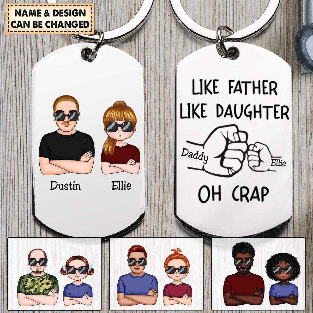 Personalized Like Father Like Daughter Fist Bump Handshake Stainless Steel Keychain