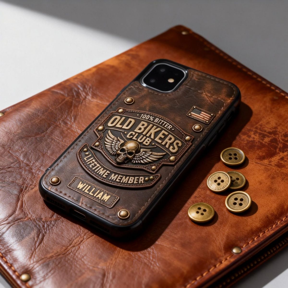 Old Bikers Club Leather Wallet Phone Case, Personalized iPhone Case for Motorcycle Rider