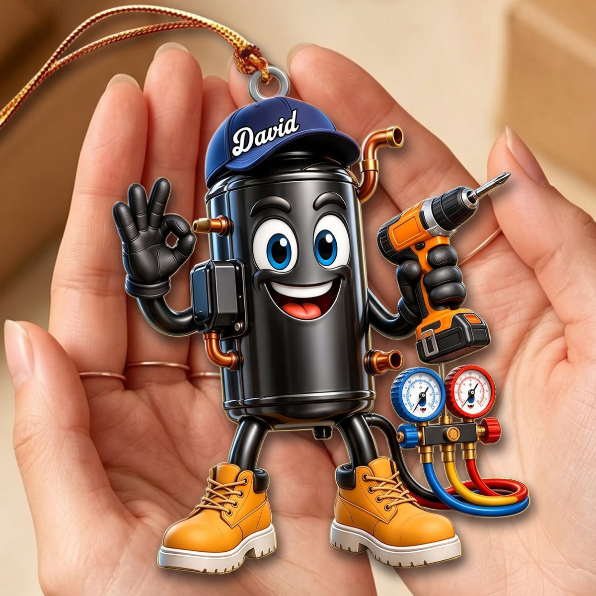 HVAC Compressor Mascot OK Hand Ornament – Funny Personalized Gift for AC Technicians