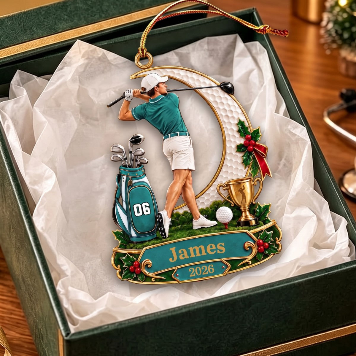 Personalized Male Golfer Christmas Ornament 2026 – Custom Name & Number Acrylic Keepsake | Golf Gift For Him