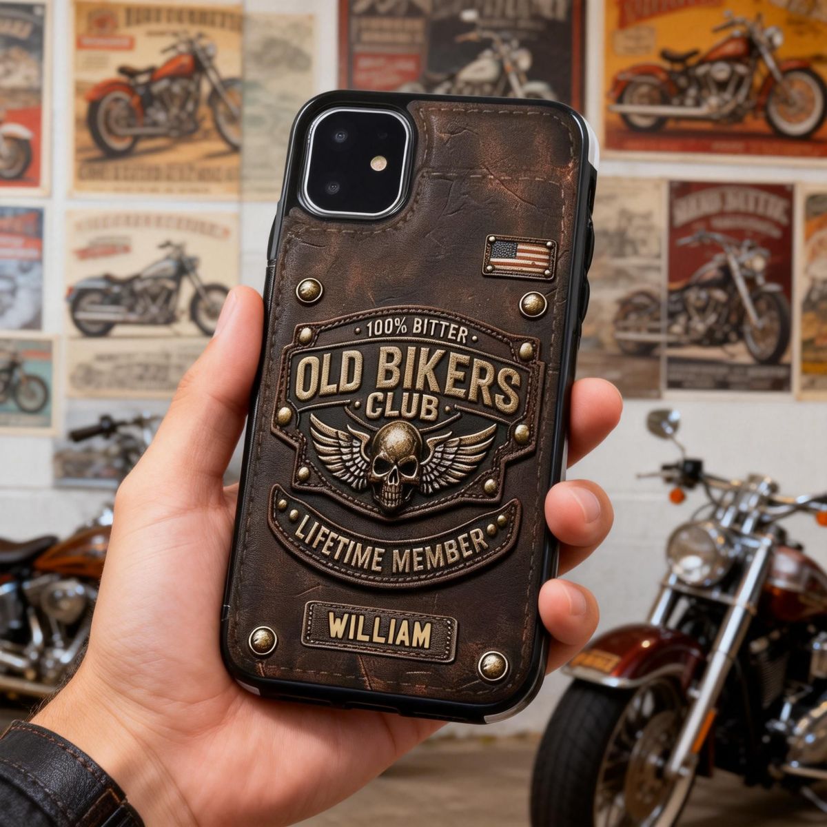 Old Bikers Club Leather Wallet Phone Case, Personalized iPhone Case for Motorcycle Rider