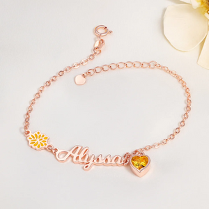 Personalized Heart Birthstone Birth Flower Bracelet with Name