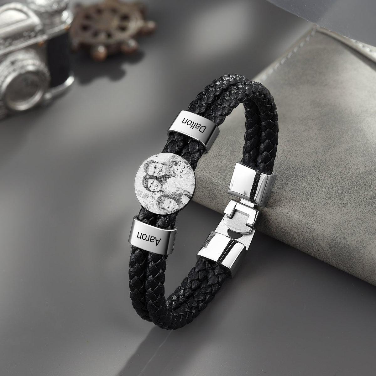 Gift For Dad,Husband,Son,Brother - Personalized Photo Leather Bracelet