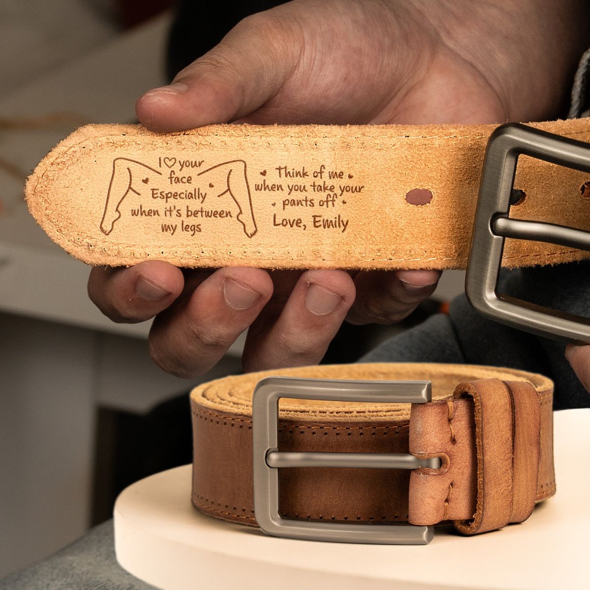 I Love Your Face Especially When It's Between My Legs - Naughty Fun Gifts For Him - Personalized Cowhide Belt