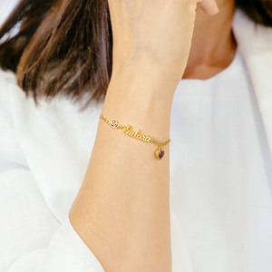 Personalized Heart Birthstone Birth Flower Bracelet with Name