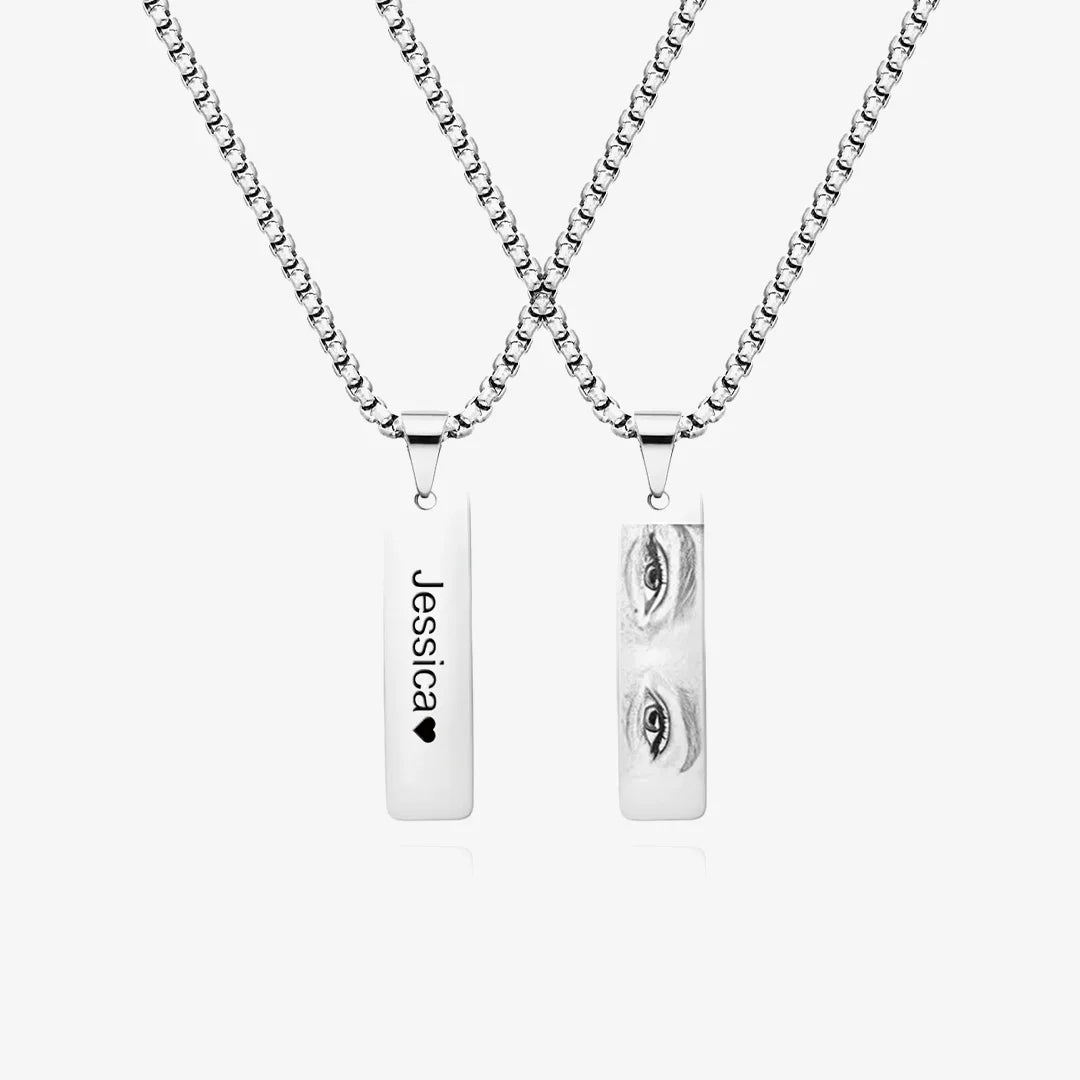 Personalized Eye Photo & Name Necklace Set, Couple Jewelry