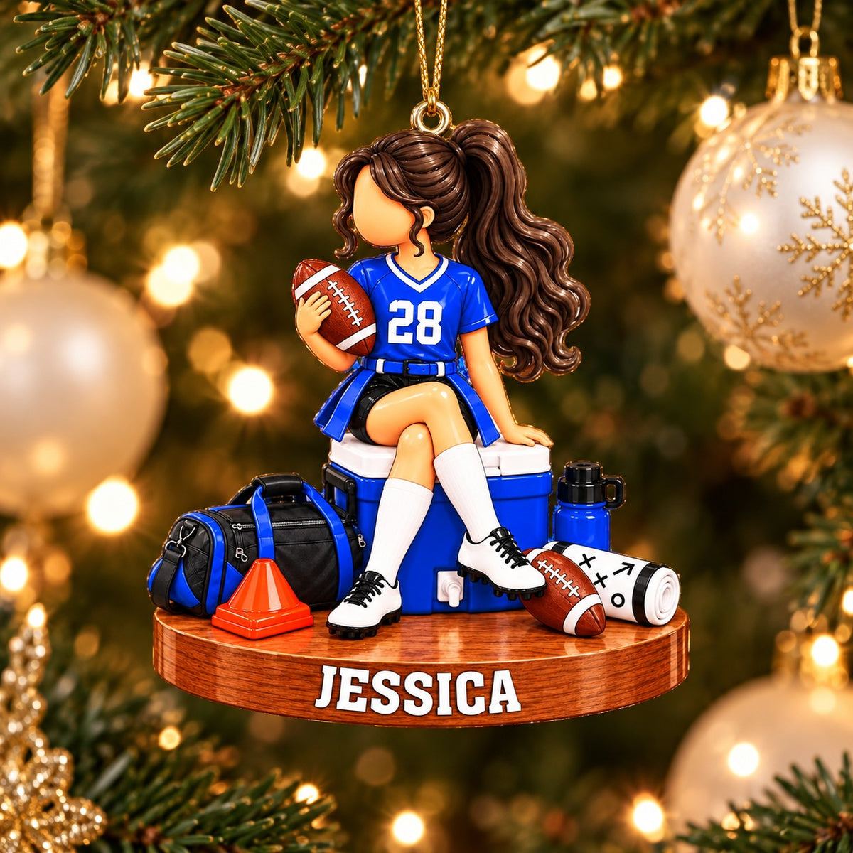 Personalized Girls’ Flag Football Christmas Ornament, Custom Name Female Football Player Gift