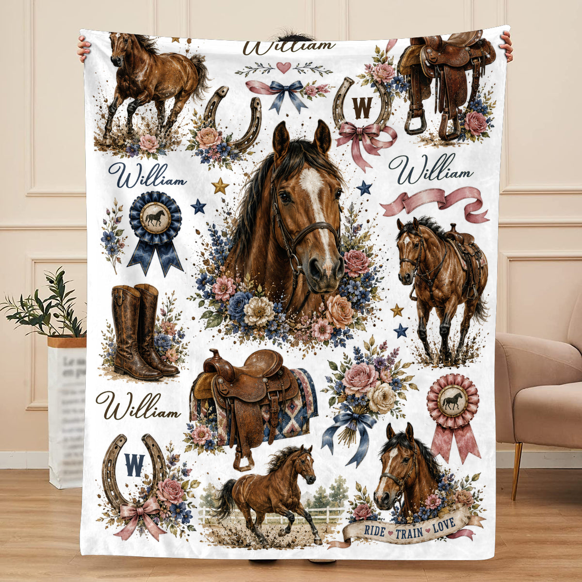 Personalized Horse Blanket, Custom Name Equestrian Blanket, Floral Horse Blanket for Girls Kids, Western Cowgirl Throw, Horse Lover Gift