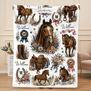 Personalized Horse Blanket, Custom Name Equestrian Blanket, Floral Horse Blanket for Girls Kids, Western Cowgirl Throw, Horse Lover Gift