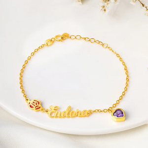 Personalized Heart Birthstone Birth Flower Bracelet with Name
