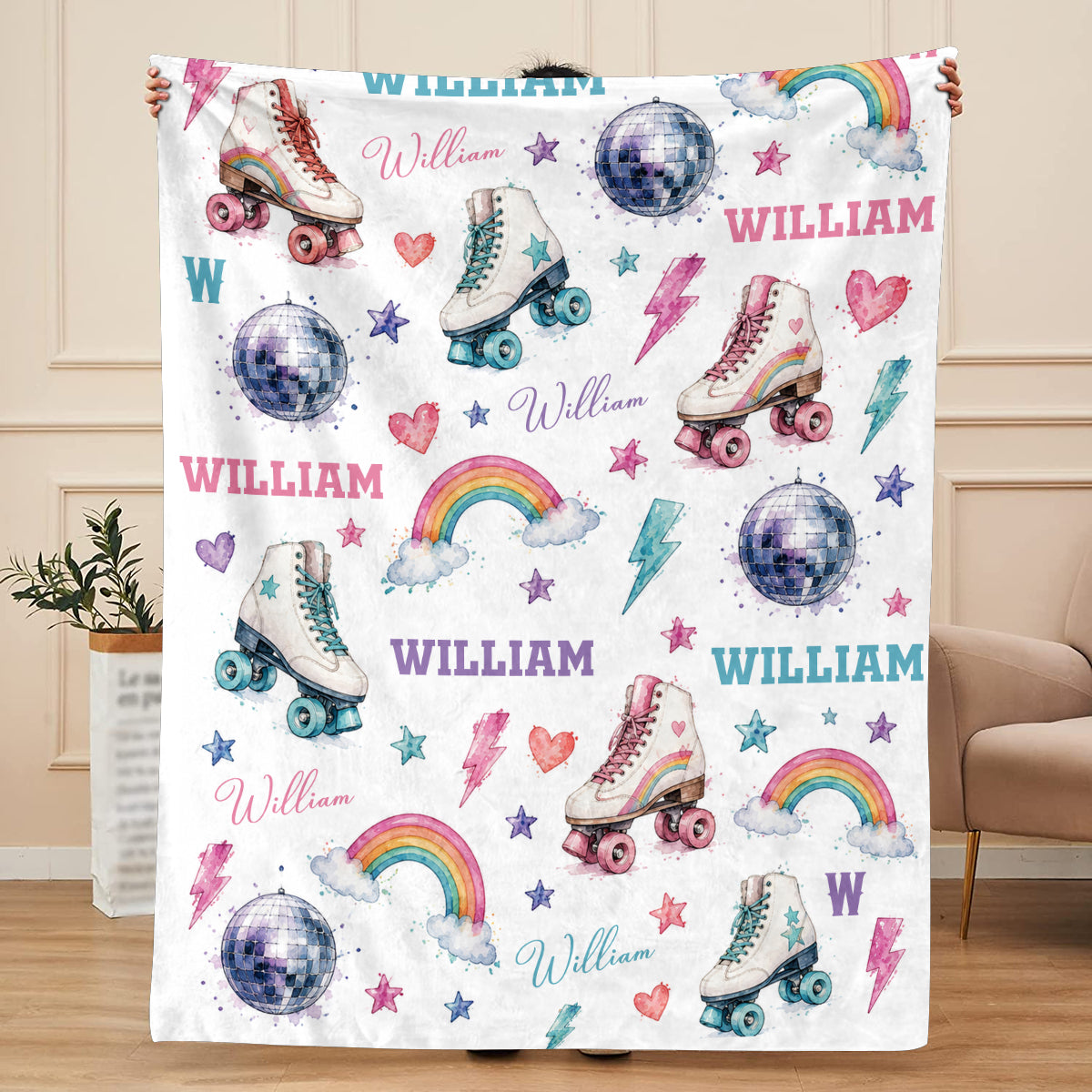 Personalized Roller Skate Blanket, Custom Name Roller Disco Throw Blanket, Retro Rainbow & Disco Ball Kids Blanket, Girl Bedroom Decor, Skate Gift