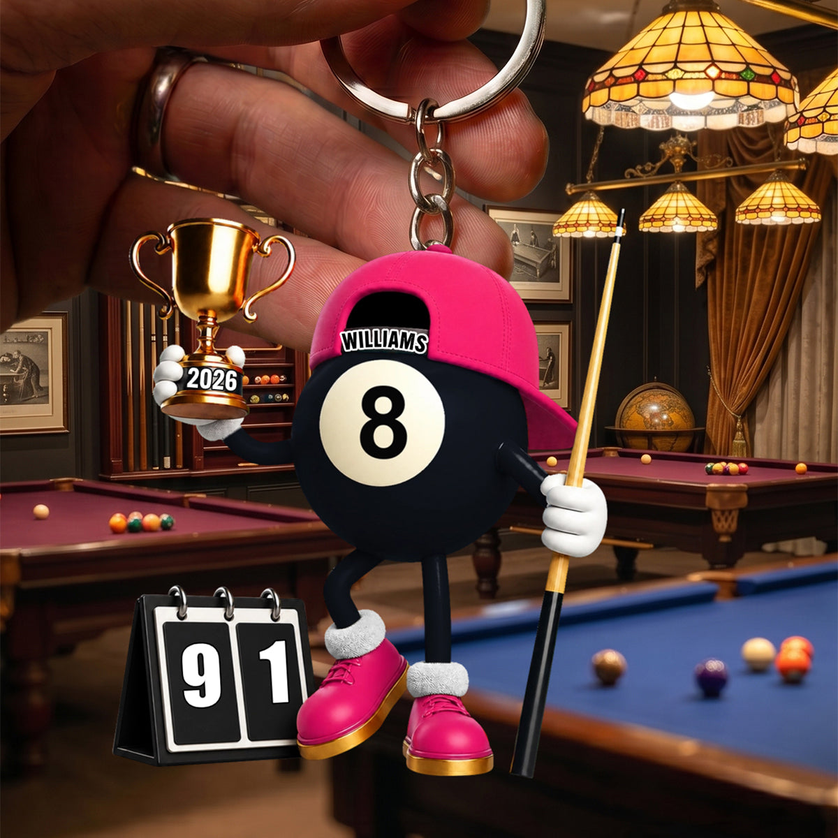 Personalized Cartoon Billiard Ball Champion Mascot Acrylic Keychain – Trophy & Cue Stick Gift For Pool Lovers