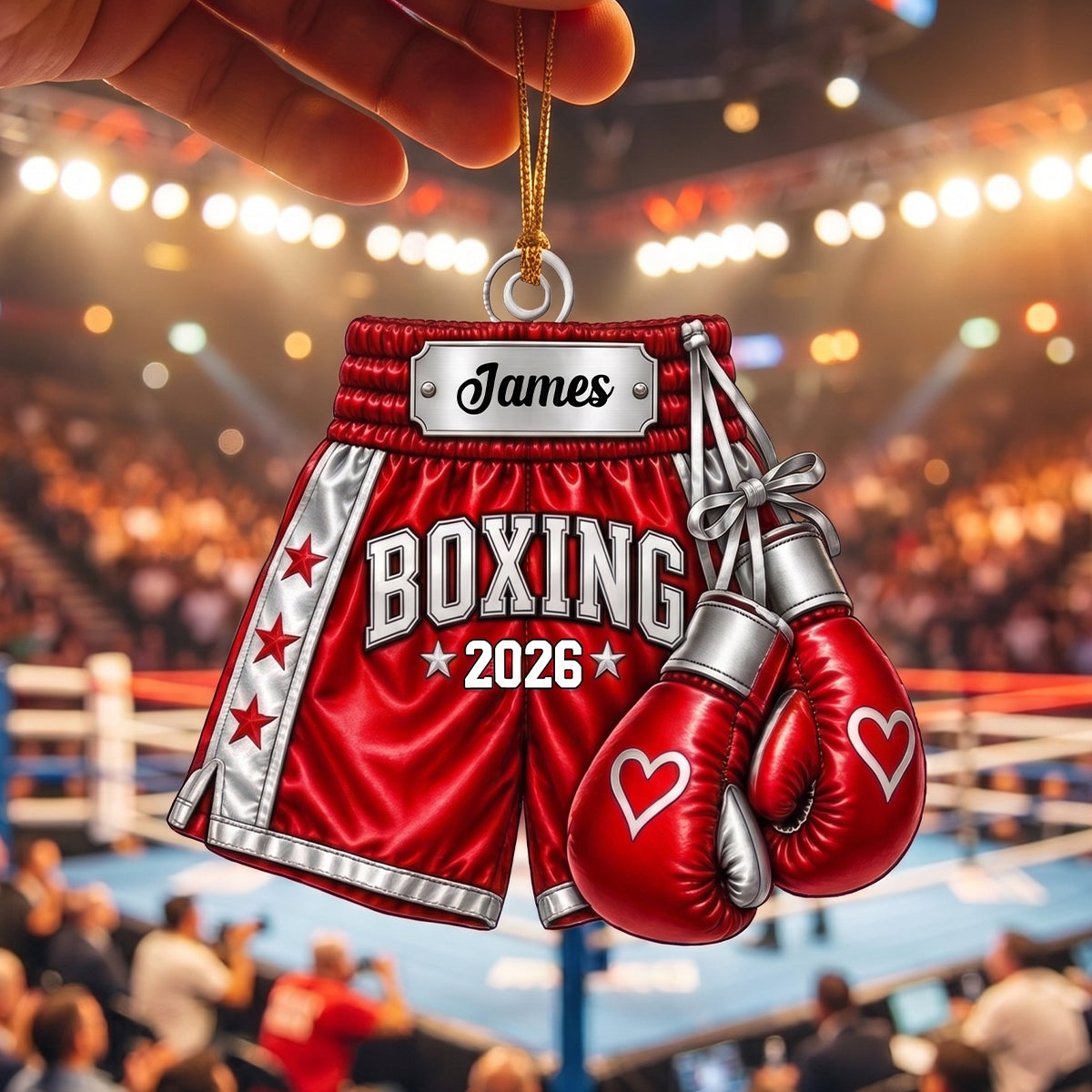 Personalized Boxing Gloves & Shorts Christmas Ornament 2026 – Custom Name Acrylic Keepsake | Gift For Boxers & Coaches