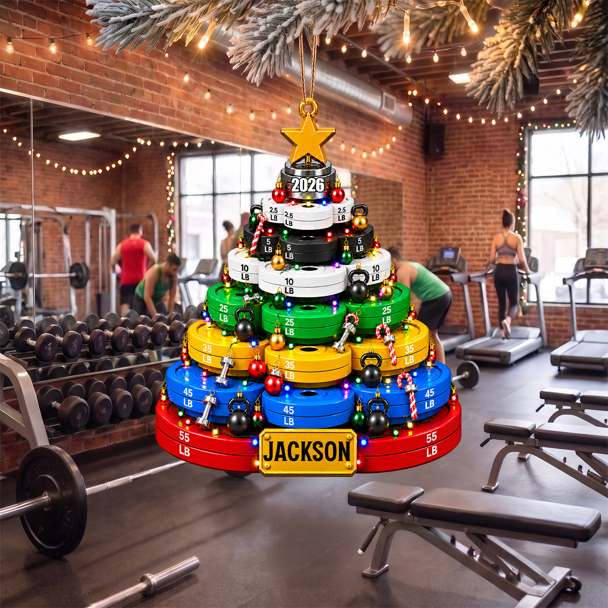 Weight Plate Christmas Tree Acrylic Ornament – Personalized Gym Name Keepsake | Fitness Lover Gift