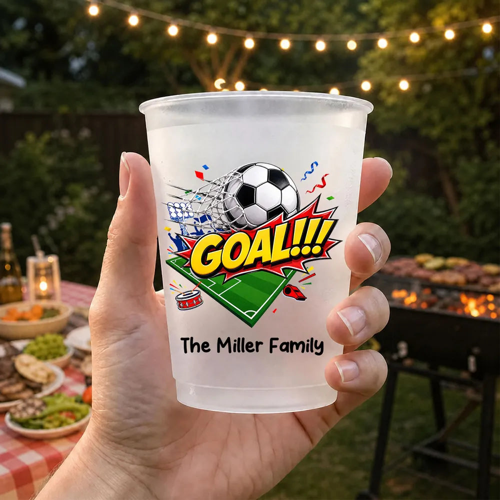 Personalized Frosted Plastic Cup, Soccer Goal Design for Backyard Cookouts, Unique Gift for Sports Fans