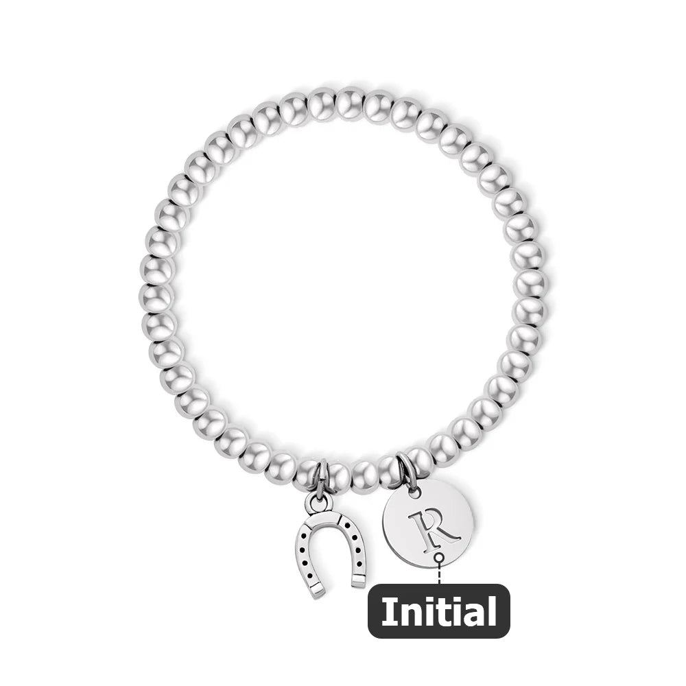 Personalized Lucky Horseshoe Elastic Bead Bracelet with Initial Birthday Baptism Gift for Kids