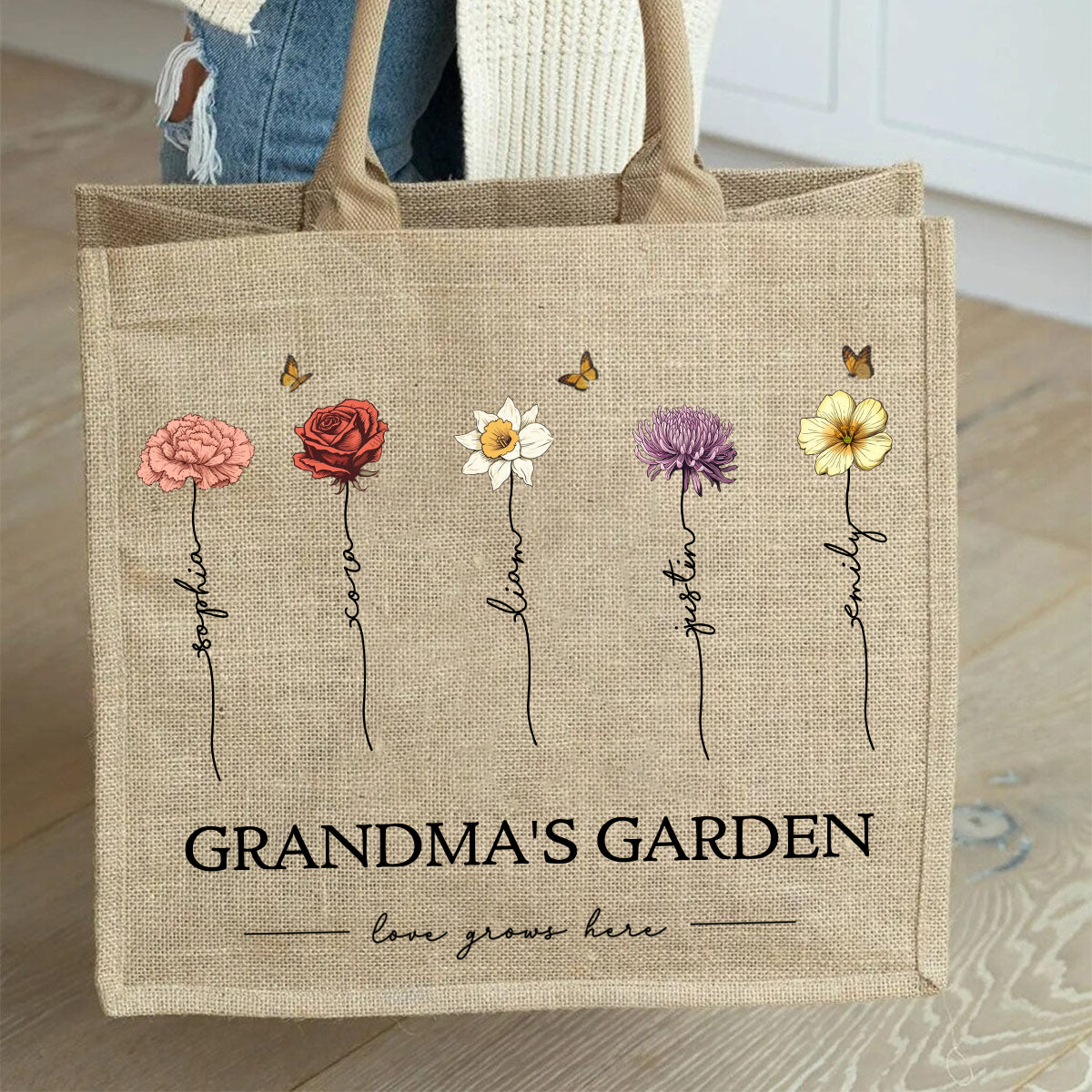 Personalized Grandma's Garden Love Grows Here Vintage Birth Flowers Jute Tote Bag