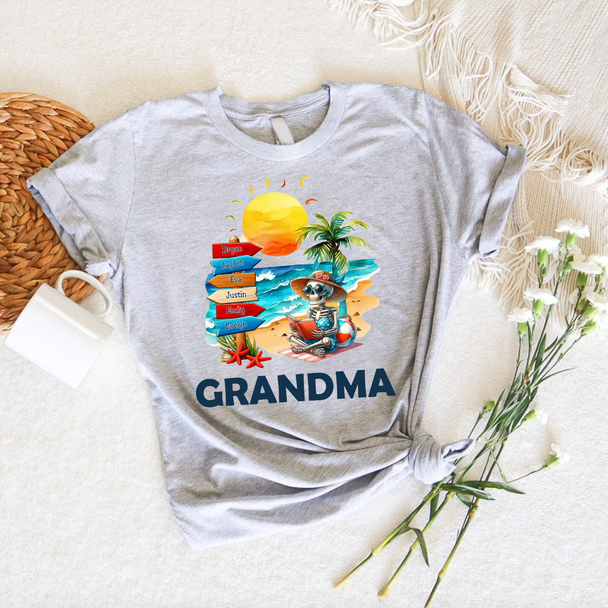 Personalized Summer Beach Grandma Mom Skull Sign Pure Cotton T-shirt