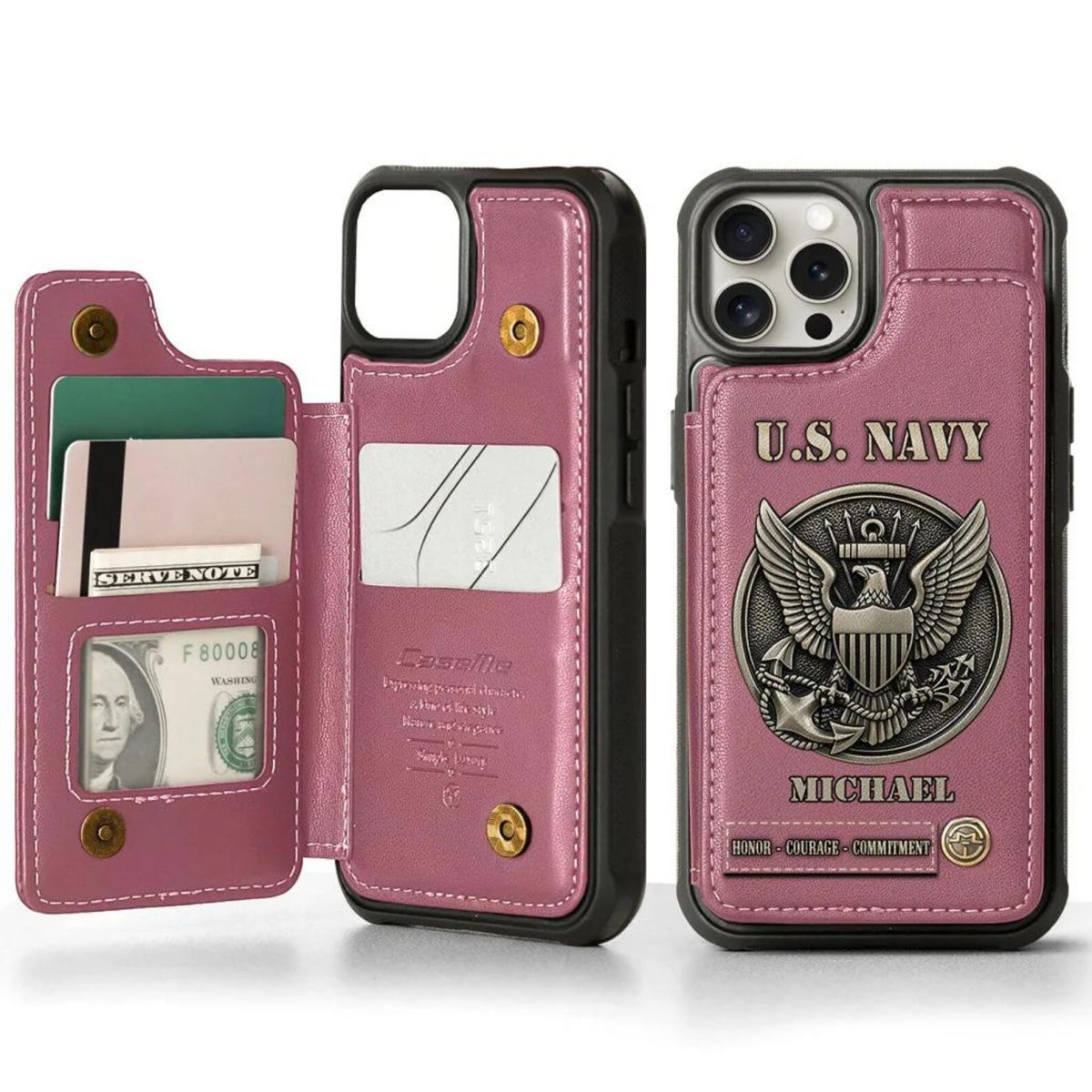 Personalized US Navy Leather Wallet Phone Case, Military Card Slots Phone Cover, Gift for Veterans, Gift for Dad Grandpa