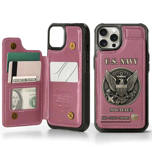 Personalized US Navy Leather Wallet Phone Case, Military Card Slots Phone Cover, Gift for Veterans, Gift for Dad Grandpa