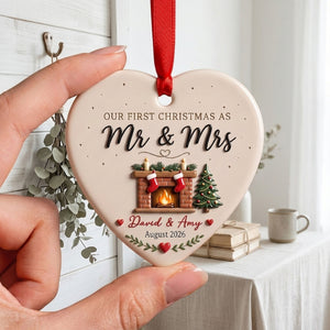 Couple Christmas - Our First Christmas Custom Names & Date Keepsake for Newlyweds & Wedding Gift - Personalized Heart Ceramic Ornament