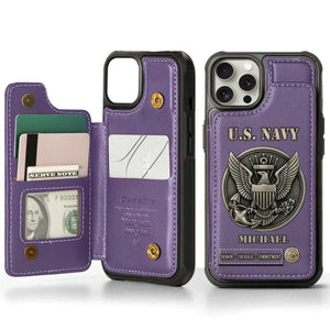Personalized US Navy Leather Wallet Phone Case, Military Card Slots Phone Cover, Gift for Veterans, Gift for Dad Grandpa