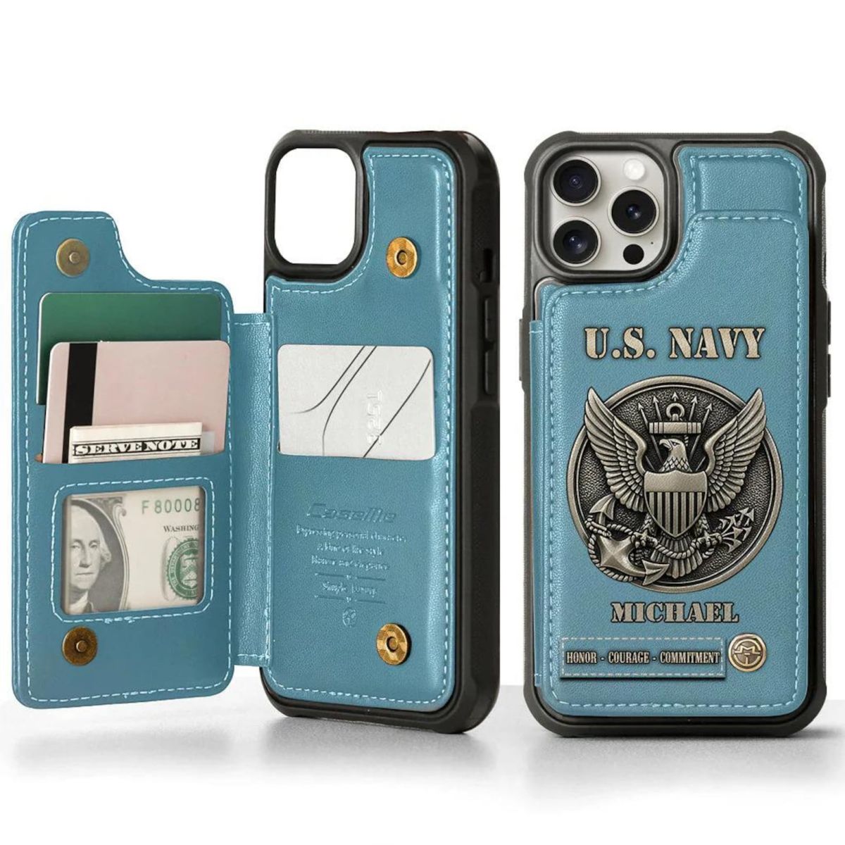 Personalized US Navy Leather Wallet Phone Case, Military Card Slots Phone Cover, Gift for Veterans, Gift for Dad Grandpa