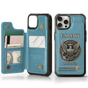 Personalized US Navy Leather Wallet Phone Case, Military Card Slots Phone Cover, Gift for Veterans, Gift for Dad Grandpa