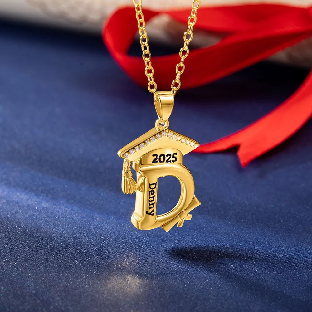 Engraved Name Personalized Bachelor Hat Graduation Initial Necklace